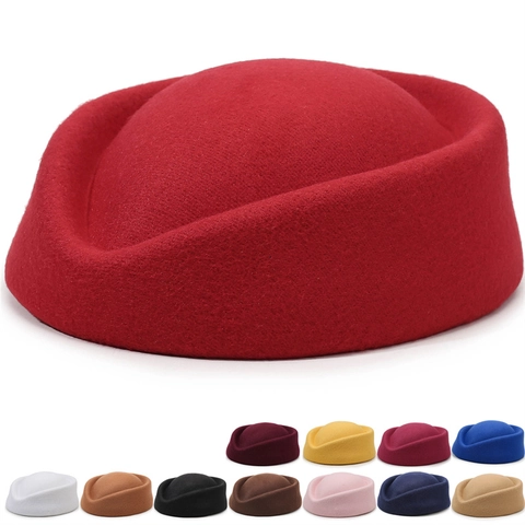 Vintage Women Stewardess Pillbox Hat Acrylic Felt Solid Color Retro Stewardess Uniform Accessory For Performance Role Play