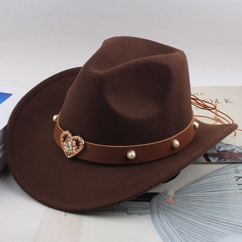 Western Cowboy Hat Polyester Felt Heart Rhinestone Pearl Band Wide Brim Fedora Adjustable Sun Protection Retro Jazz Hat