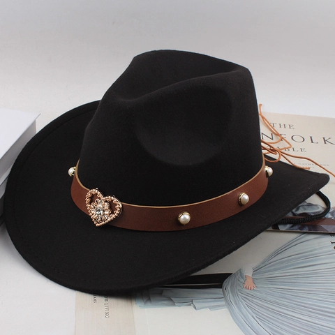Western Cowboy Hat Polyester Felt Heart Rhinestone Pearl Band Wide Brim Fedora Adjustable Sun Protection Retro Jazz Hat