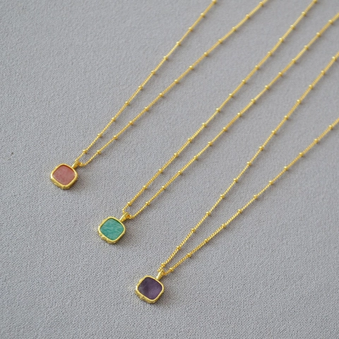 Geometrische Quadratische Naturstein Anhänger Halskette Gold Messing Satellitenkette Minimalistischer Retro Schmuck Für Damen
