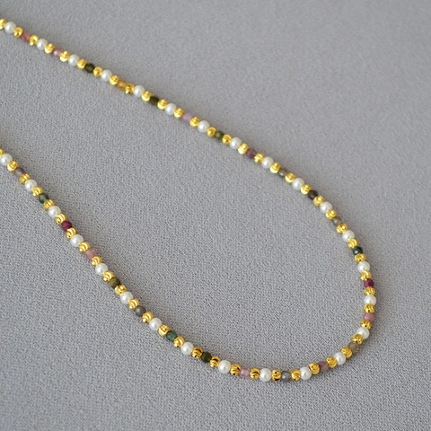 Francese Elegante Collana a Perline con Perle Artificiali e Tormalina Rame Placcato Oro Choker per Donna Gioielli Moda