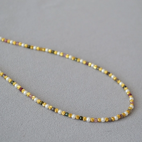 Francese Elegante Collana a Perline con Perle Artificiali e Tormalina Rame Placcato Oro Choker per Donna Gioielli Moda