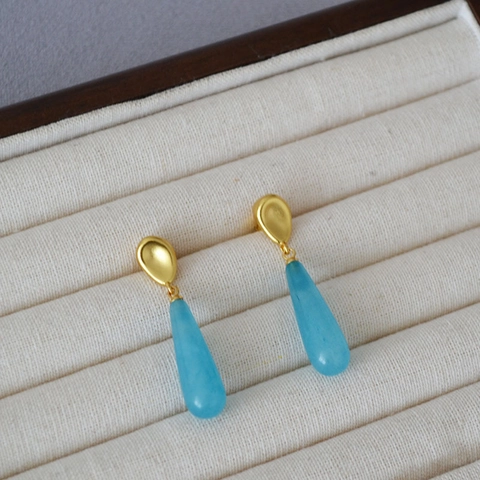 Retro Brass Drop Earrings With 925 Sterling Silver Earring Post Blue Stone Antique Gold Plated Teardrop Earrings For Women