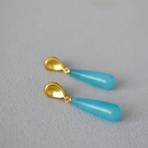 Retro Brass Drop Earrings With 925 Sterling Silver Earring Post Blue Stone Antique Gold Plated Teardrop Earrings For Women