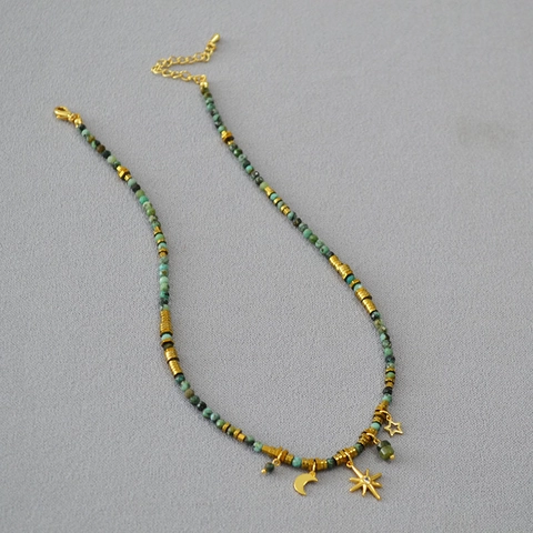 Collar de Cuentas de Turquesa Bohemio Vintage Colgante de Estrella y Luna de Aleación Chapado en Oro Collar de Diamantes Imitación