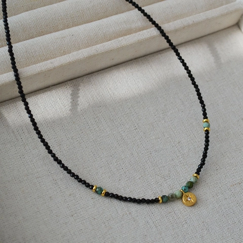 Franse Vintage Zwarte Spinel Turkoois Kralen Ketting Ster Hanger Legering Koper Choker Voor Vrouwen Retro Sieraden Cadeau