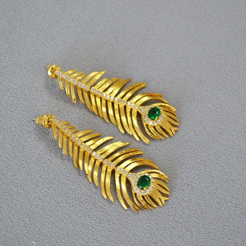 Vintage Copper Peacock Feather Drop Earrings With 925 Sterling Silver Earring Post Gold Plated Green Rhinestone Women Jewelry