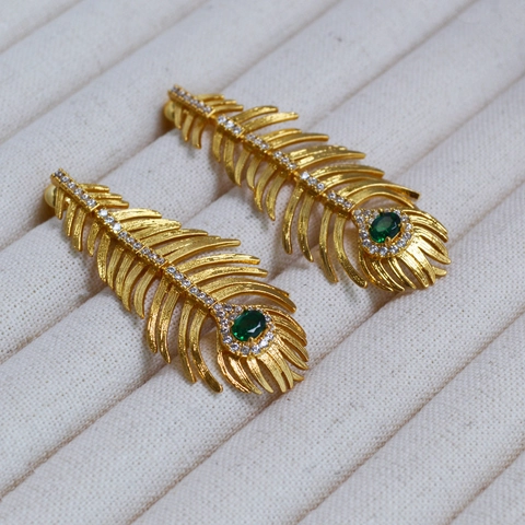 Vintage Copper Peacock Feather Drop Earrings With 925 Sterling Silver Earring Post Gold Plated Green Rhinestone Women Jewelry