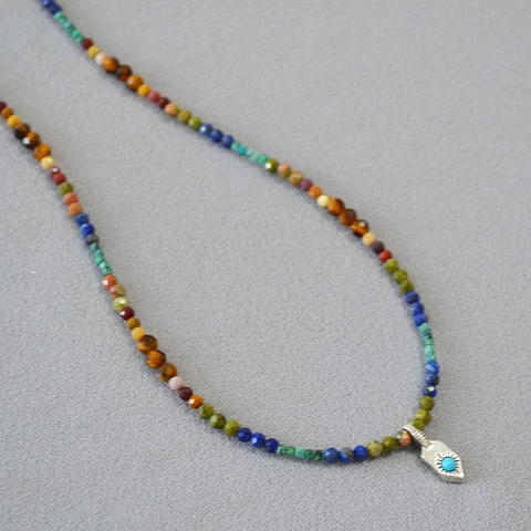 French Retro Bohemian Multi-Color Natural Stone Beaded Necklace With Turquoise Pendant Brass Silver Plated Chain Women Jewelry