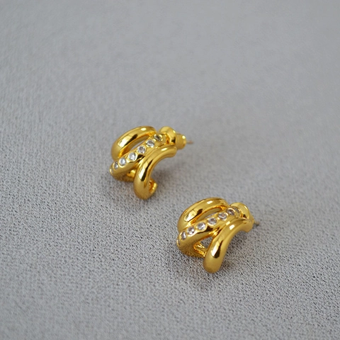 Orecchini a Bottone in Ottone con Curva Avvolgente Intarsio in Zirconia Perno in Argento 925 Oro Platino Gioielli Donna