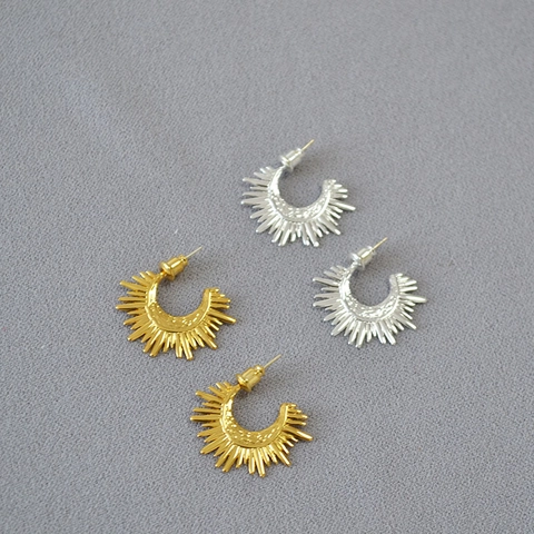 Vintage Punk Sunburst Geometric Brass Stud Earrings With 925 Sterling Silver Post Gold Silver Tone Unisex Jewelry Gift