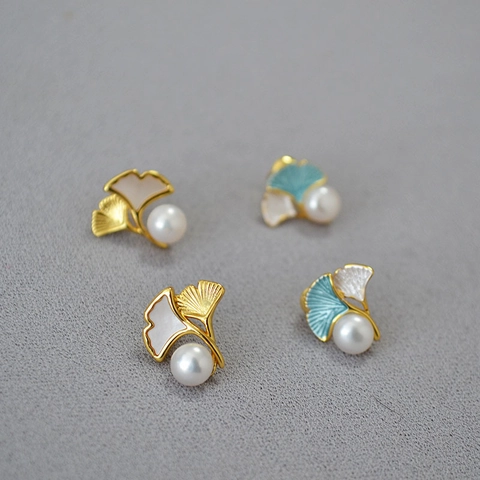 Vintage Messing Vergoldet Ginkgoblatt Ohrstecker Mit Süßwasserperle 925 Sterlingsilber Stift Für Damen Elegante Schmuck