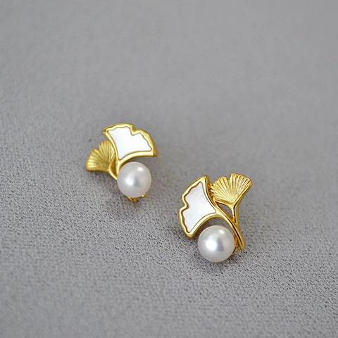 Vintage Messing Vergoldet Ginkgoblatt Ohrstecker Mit Süßwasserperle 925 Sterlingsilber Stift Für Damen Elegante Schmuck
