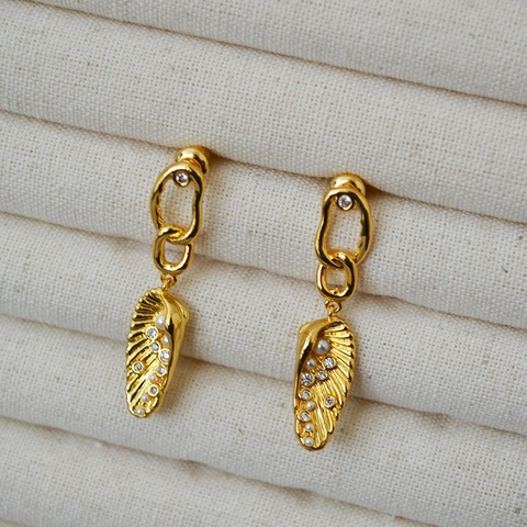 Orecchini di Nicchia a Catena Irregolare a Forma di Foglia Con Perno in Argento Sterling 925 Oro Perla Artificiale Zirconia Gioielli