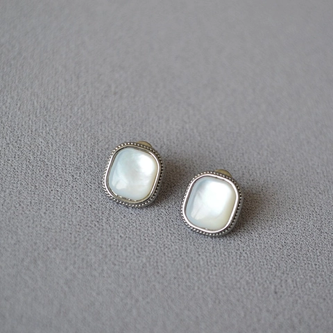 Elegantes Pendientes de Botón Cuadrados Retro Con Incrustación de Madreperla Pin de Plata de Ley 925 Cobre Chapado en Platino Joyería para Mujer