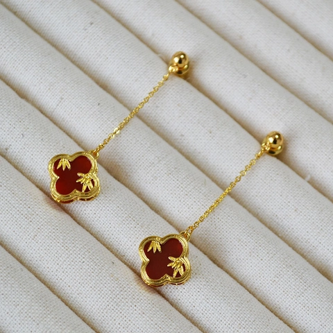 Orecchini in Stile Cinese Vintage con Quadrifoglio e Bambù Agata Rossa Intarsiata Perno in Argento Sterling 925 Oro Lunghi da Donna