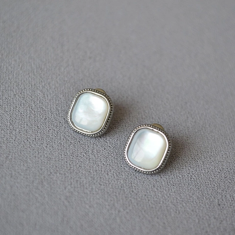 Elegantes Pendientes de Botón Cuadrados Retro Con Incrustación de Madreperla Pin de Plata de Ley 925 Cobre Chapado en Platino Joyería para Mujer