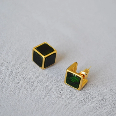 Boucles d'Oreilles Clous Cubes Rétro Résine Vert Foncé Cuivre Plaqué Or Avec Tige Argent Sterling 925 Bijoux Femmes