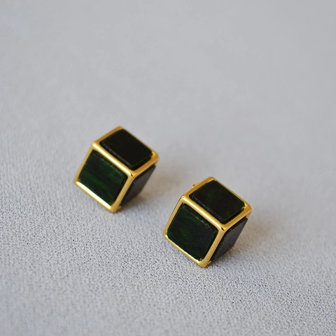 Boucles d'Oreilles Clous Cubes Rétro Résine Vert Foncé Cuivre Plaqué Or Avec Tige Argent Sterling 925 Bijoux Femmes