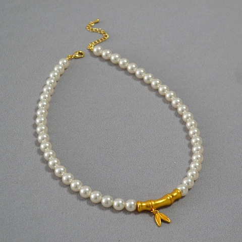 Collana di Perle Artificiali in Ottone Rétro Con Ciondolo a Forma di Bambù Foglia Dorata Catena Clavicola Gioielli Donna