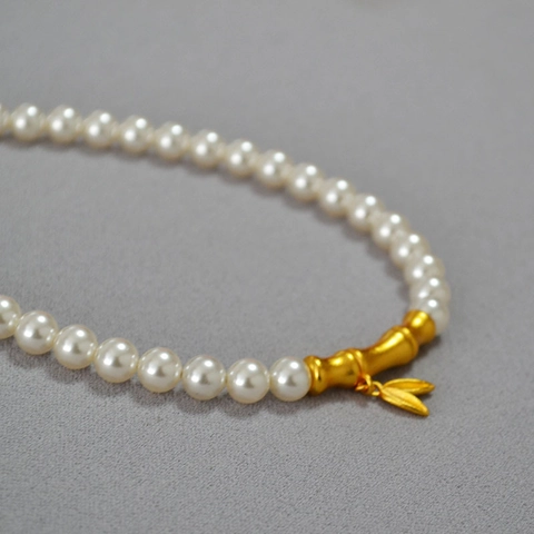 Collana di Perle Artificiali in Ottone Rétro Con Ciondolo a Forma di Bambù Foglia Dorata Catena Clavicola Gioielli Donna