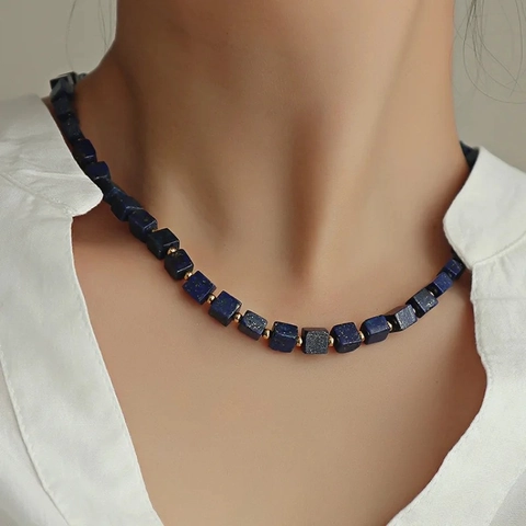 Retro Natural Lapis Lazuli Cube Bead Necklace For Women Handmade Gold Plated Copper Spacer Geometric Clavicle Chain Jewelry