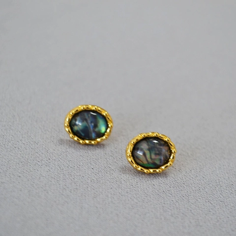 Orecchini a Bottone Ovali in Ottone Placcato Oro Con Intarsio in Conchiglia di Abalone E Perno in Argento 925 Gioielli Donna