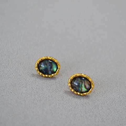 Orecchini a Bottone Ovali in Ottone Placcato Oro Con Intarsio in Conchiglia di Abalone E Perno in Argento 925 Gioielli Donna