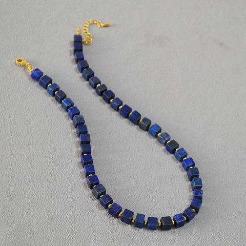 Retro Natural Lapis Lazuli Cube Bead Necklace For Women Handmade Gold Plated Copper Spacer Geometric Clavicle Chain Jewelry