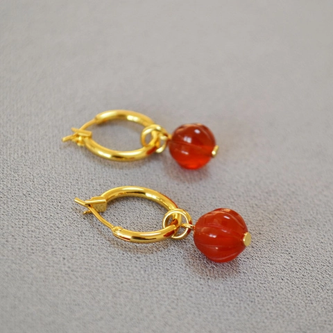 Nuovi Orecchini a Cerchio Lanterna in Agata Rossa in Stile Cinese Vintage in Ottone Placcato Oro Zucca Orecchini Per Donna