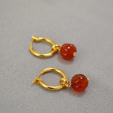Nuovi Orecchini a Cerchio Lanterna in Agata Rossa in Stile Cinese Vintage in Ottone Placcato Oro Zucca Orecchini Per Donna