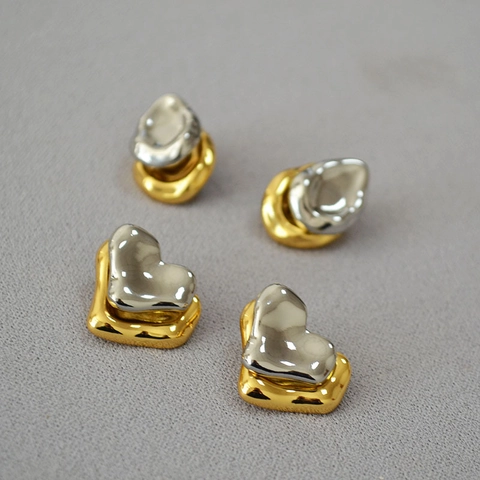 Orecchini a Bottone a Cuore Irregolare in Metallo Liquido Ottone Con Perno in Argento Sterling 925 Oro Argento Donna Gioielli