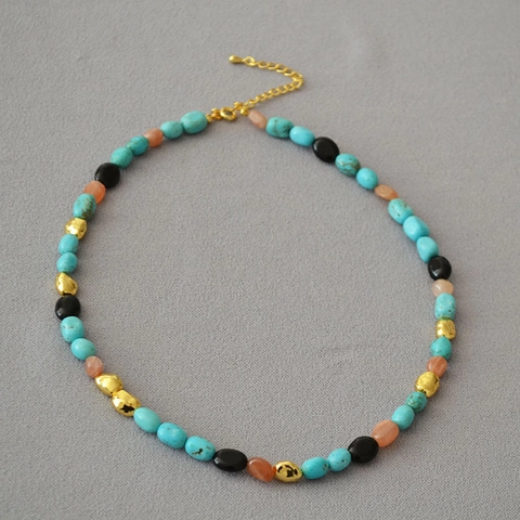 Collana Bracciale Vintage in Turchese con Perline Irregolari per Donna Gioielli Bohémien in Pietra Naturale Placcati Oro