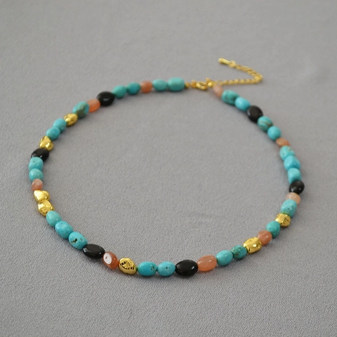 Collana Bracciale Vintage in Turchese con Perline Irregolari per Donna Gioielli Bohémien in Pietra Naturale Placcati Oro