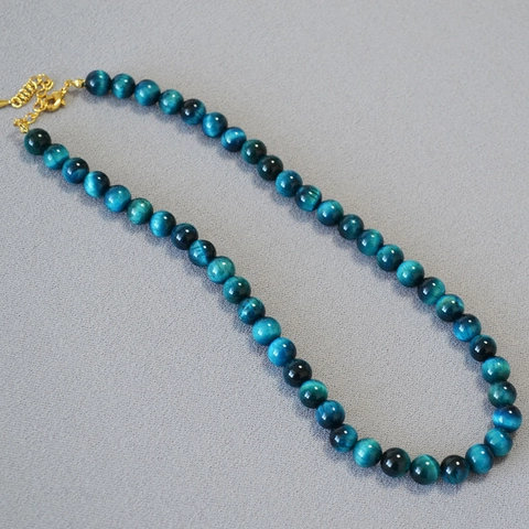 Collana di Perline Occhio di Tigre Blu Vintage per Donna Catena a Clavicola in Rame Placcato Oro Minimalista Gioielli