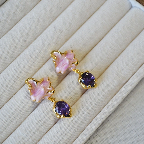 Orecchini a Goccia Francesi a Forma di Fiore in Smalto Rosa Con Strass Viola e Perno in Argento Sterling 925 Placcato Oro Design di Nicchia Gioielli alla Moda per Donna