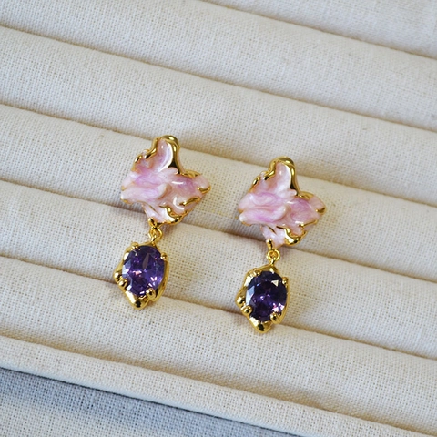 Orecchini a Goccia Francesi a Forma di Fiore in Smalto Rosa Con Strass Viola e Perno in Argento Sterling 925 Placcato Oro Design di Nicchia Gioielli alla Moda per Donna