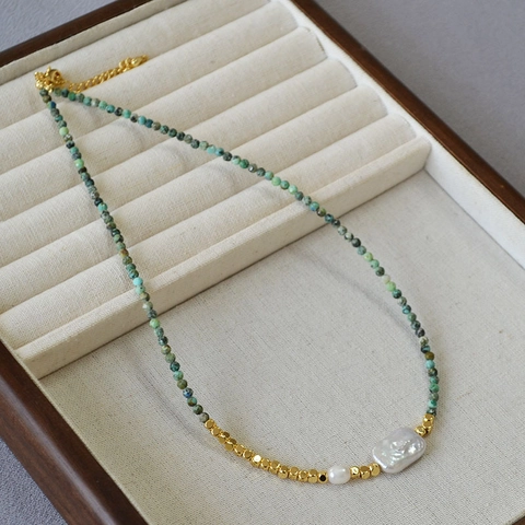 French Vintage Turquoise Beaded Necklace For Women With Freshwater Baroque Pearl Irregular Geometric Jewelry Gold Plated Jewelry