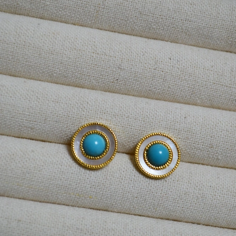 Pendientes de Botón Redondos Vintage Francés Latón Chapado en Oro Con Poste de Plata de Ley 925 Nácar Incrustación Turquesa Joyería