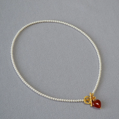Collier de Perles avec Pendentif Cœur en Agate Vintage Français Élégant Choker Plaqué Or avec Fermoir OT Bijoux Femme