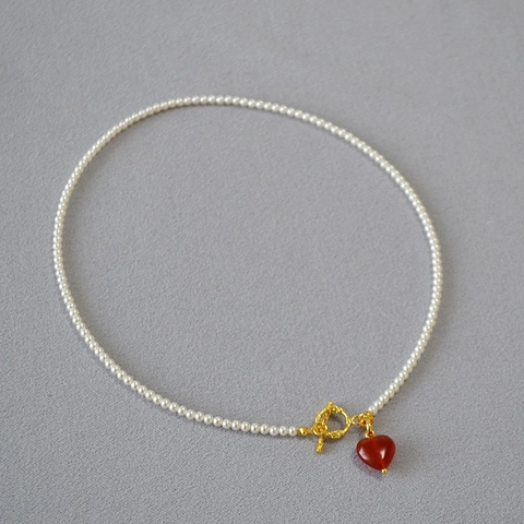 Collier de Perles avec Pendentif Cœur en Agate Vintage Français Élégant Choker Plaqué Or avec Fermoir OT Bijoux Femme