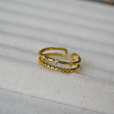 Minimalist Brass 18K Gold Plated Zirconia Double Layer Stackable Open Ring For Women Elegant Fashion Adjustable Index Finger Ring Jewelry