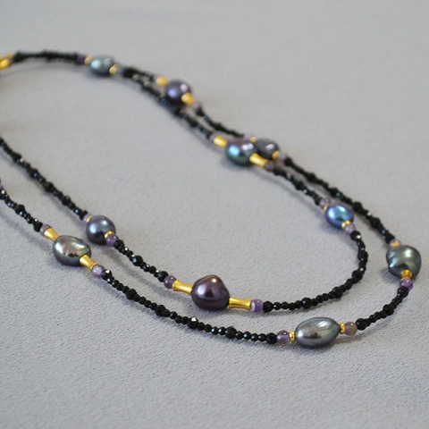 Retro Black Spinel Freshwater Baroque Pearl Necklace For Women Gold Bamboo Section Handmade Long Sweater Chain Niche Jewelry