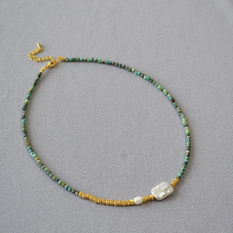 French Vintage Turquoise Beaded Necklace For Women With Freshwater Baroque Pearl Irregular Geometric Jewelry Gold Plated Jewelry