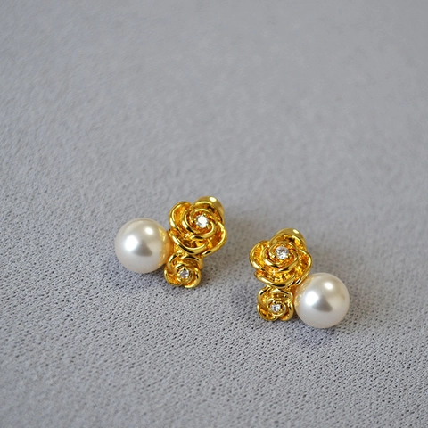 Boucles d'Oreilles Clous Roses en Cuivre Doré Élégantes Avec Tige en Argent Sterling 925 Zirconia Perle Artificielle Bijoux Exquis