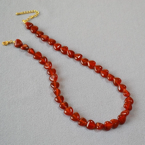 Französische Vintage Herzförmige Rote Achat Perlen Halskette Für Damen Minimalistische Schlüsselbeinkette Mit Goldlegierung