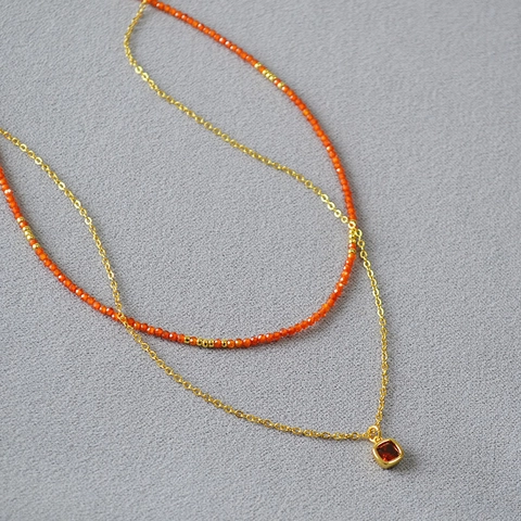Vintage Double Layer Necklace With Orange Beads And Red Zirconia Square Pendant Niche Design Copper Plated Jewelry For Women