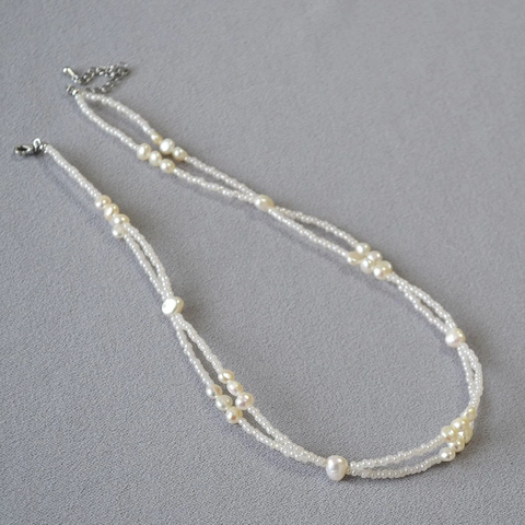 Collana di Perle d'Acqua Dolce a Doppio Strato Vintage Francese per Donna Fatta a Mano in Rame con Perline Bianche Elegante Gioiello