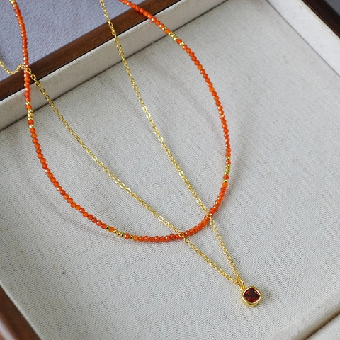 Vintage Double Layer Necklace With Orange Beads And Red Zirconia Square Pendant Niche Design Copper Plated Jewelry For Women