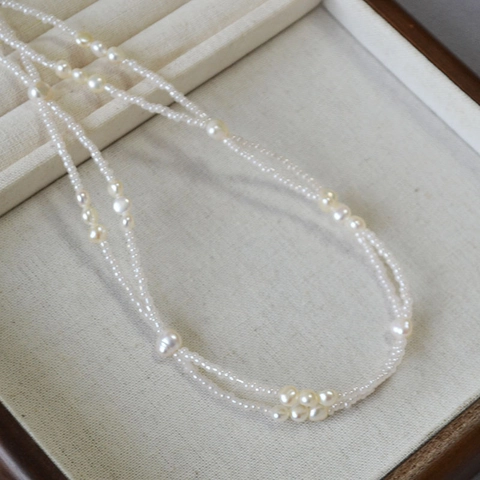 Collana di Perle d'Acqua Dolce a Doppio Strato Vintage Francese per Donna Fatta a Mano in Rame con Perline Bianche Elegante Gioiello
